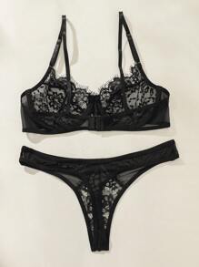 睫毛蕾絲鋼圈內衣套裝 - 黑色 - 查看 2