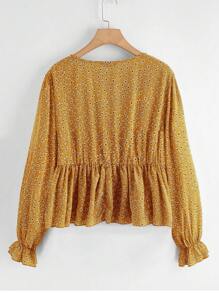 SHEIN LUNE Áo Peplum thắt nút hoa Ditsy Áo Peplum - Màu Mù tạt vàng - Xem 2