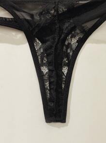 睫毛蕾絲鋼圈內衣套裝 - 黑色 - 查看 3