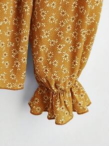 SHEIN LUNE Áo Peplum thắt nút hoa Ditsy Áo Peplum - Màu Mù tạt vàng - Xem 3