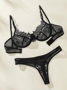 睫毛蕾絲鋼圈內衣套裝 - 黑色 - 查看 4