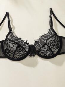 睫毛蕾絲鋼圈內衣套裝 - 黑色 - 查看 5