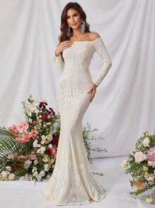 Off-Shoulder Sequin Mermaid Dress, Elegant Long Sleeve Formal Gown For Prom, Wedding Guest, Banquet And Other Occasions - Multicolor - View 1