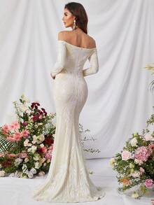 Off-Shoulder Sequin Mermaid Dress, Elegant Long Sleeve Formal Gown For Prom, Wedding Guest, Banquet And Other Occasions - Multicolor - View 2