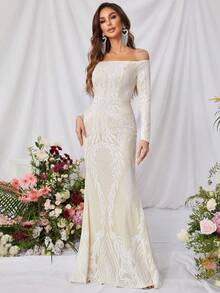 Off-Shoulder Sequin Mermaid Dress, Elegant Long Sleeve Formal Gown For Prom, Wedding Guest, Banquet And Other Occasions - Multicolor - View 3