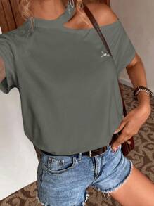 SHEIN Frenchy 愛心和字母圖案肩部挖空T恤 - 深灰色 - 查看 4