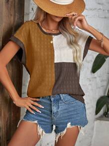 SHEIN LUNE Colorblock Batwing Sleeve Contrast Binding Blouse - Multicolor - View 1