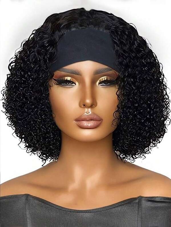 Kinky Curly Headband Wig Natural Black Color Human Hair Wig With Head