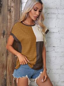 SHEIN LUNE Colorblock Batwing Sleeve Contrast Binding Blouse - Multicolor - View 3