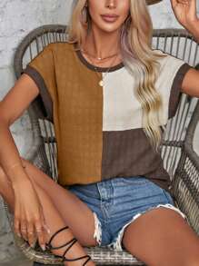 SHEIN LUNE Colorblock Batwing Sleeve Contrast Binding Blouse - Multicolor - View 4