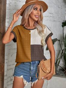 SHEIN LUNE Colorblock Batwing Sleeve Contrast Binding Blouse - Multicolor - View 5