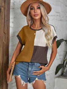 SHEIN LUNE Colorblock Batwing Sleeve Contrast Binding Blouse - Multicolor - View 6