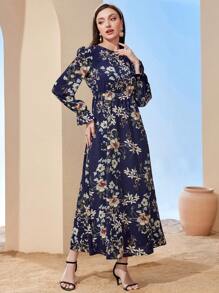 Mulvari 花卉印花喇叭袖连衣裙 女式长款服装 - 藏蓝色 - 查看 6