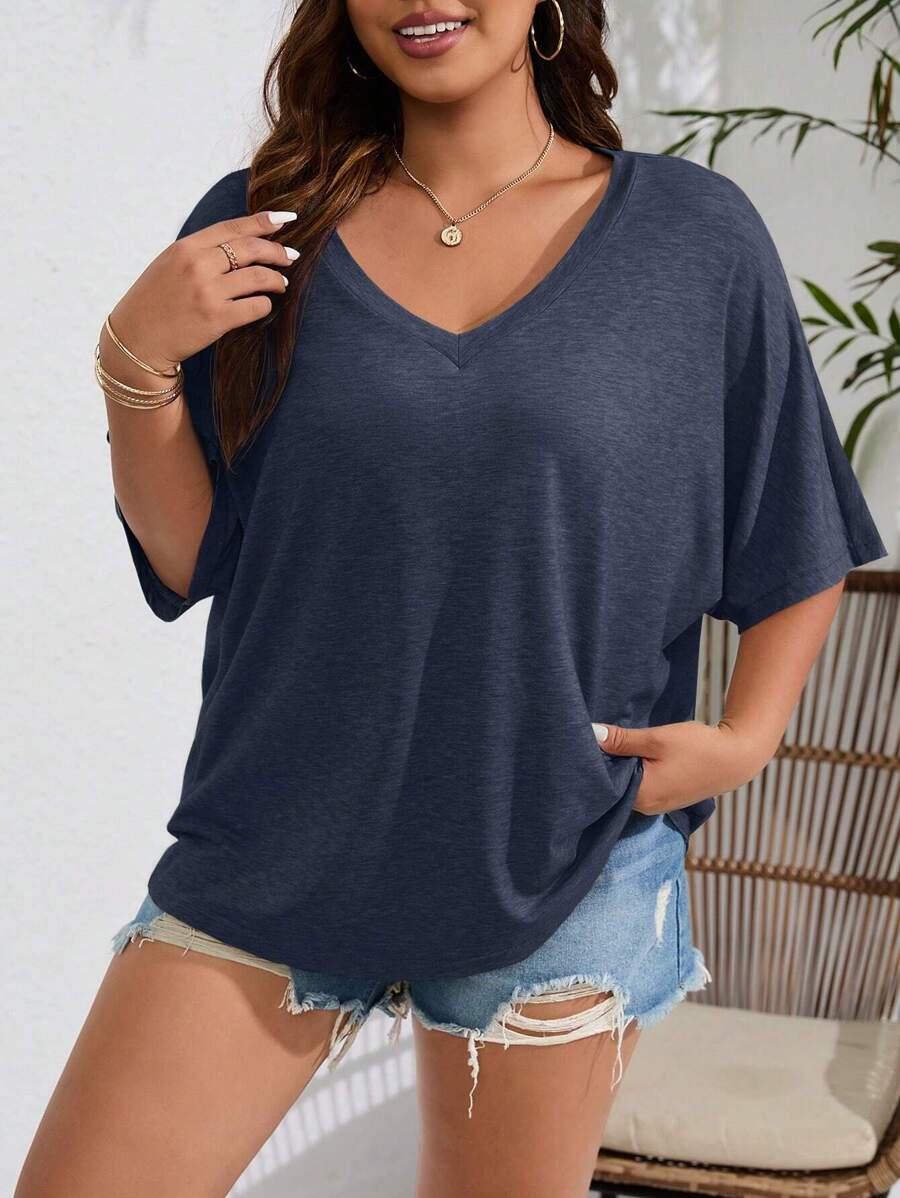 INAWLY Áo thun Plus size màu trơn Giải trí - Màu xanh hải quân - Xem 1