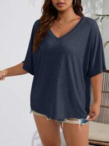 INAWLY Áo thun Plus size màu trơn Giải trí - Màu xanh hải quân - Xem 3