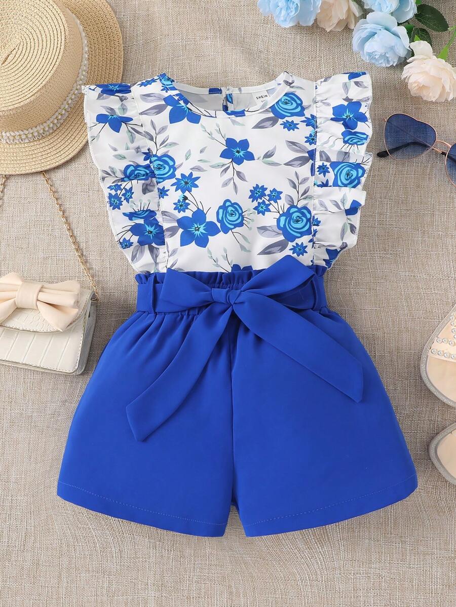 SHEIN Cô Gái Trẻ In hoa Viền Ruffle Áo & Quần Short có thắt lưng Bộ - Xanh và trắng - Xem 1