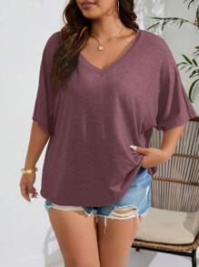 SHEIN LUNE 大碼素色蝙蝠袖T恤 - 紅木色 - 查看 5