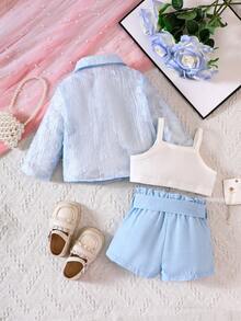 女嬰貼花襯衫&紙袋腰短褲&吊帶上衣 - 藍白色 - 查看 2