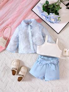 女嬰貼花襯衫&紙袋腰短褲&吊帶上衣 - 藍白色 - 查看 3