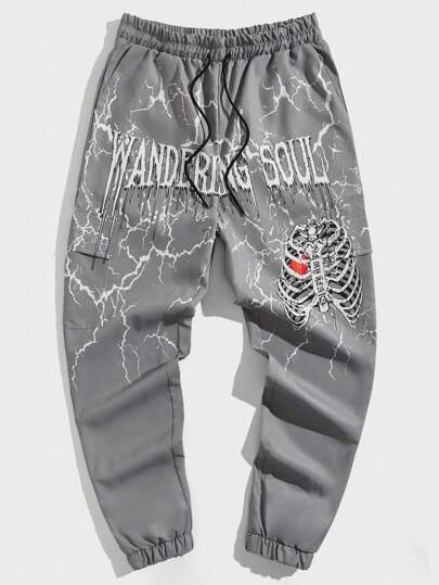 Grunge Punk Men Letter & Skeleton Print Drawstring Waist Pants, School