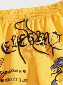 ROMWE MEN Goth 男士骷髏&標語圖案腰部抽繩短褲 - 黃色 - 查看 4