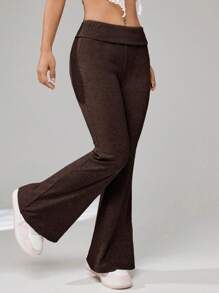 SHEIN EZwear 素色喇叭褲 - 巧克力棕 - 查看 5