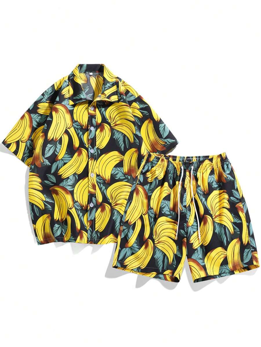 Men Banana Print Shirt & Drawstring Waist Shorts - Yellow - View 1