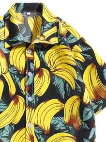 Men Banana Print Shirt & Drawstring Waist Shorts - Yellow - View 3
