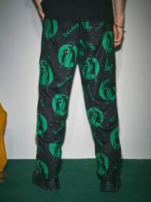 ROMWE MEN Rick and Morty | ROMWE Men Letter & Cartoon Graphic Drawstring Waist Flap Pocket Side Pants - Black - View 2