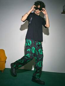 ROMWE MEN Rick and Morty | ROMWE Men Letter & Cartoon Graphic Drawstring Waist Flap Pocket Side Pants - Black - View 5
