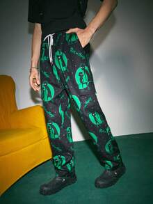ROMWE MEN Rick and Morty | ROMWE Men Letter & Cartoon Graphic Drawstring Waist Flap Pocket Side Pants - Black - View 6