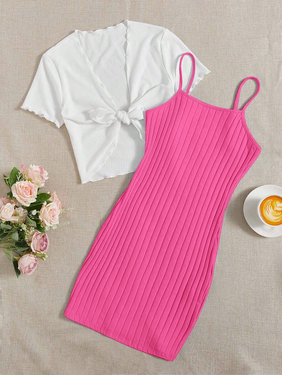 SHEIN EZwear 前繫帶木耳邊上衣&吊帶連衣裙 - 玫紅色 - 查看 1