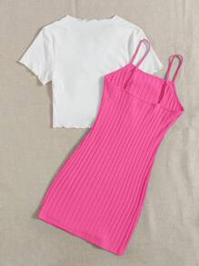 SHEIN EZwear 前繫帶木耳邊上衣&吊帶連衣裙 - 玫紅色 - 查看 2