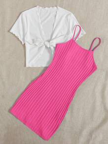 SHEIN EZwear 前繫帶木耳邊上衣&吊帶連衣裙 - 玫紅色 - 查看 5