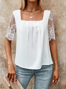 SHEIN Essnce 蕾絲拼接方領襯衫 - 白色 - 查看 3