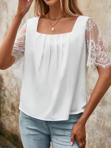 SHEIN Essnce 蕾絲拼接方領襯衫 - 白色 - 查看 4