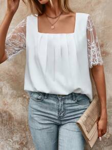 SHEIN Essnce 蕾絲拼接方領襯衫 - 白色 - 查看 5