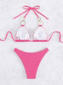 環鏈掛脖三角杯比基尼泳裝 - 玫紅色 - 查看 5