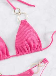 環鏈掛脖三角杯比基尼泳裝 - 玫紅色 - 查看 6
