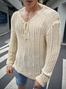 Manfinity VCAY Nam Lace lên phía trước Thả vai Áo len - Màu be - Xem 3