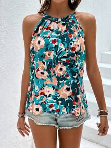 SHEIN VCAY Allover Floral Print Halter Top - Green - View 6