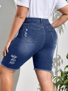 Plus Ripped Raw Hem Denim Shorts - Medium Wash - View 2