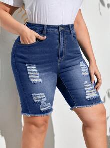 Plus Ripped Raw Hem Denim Shorts - Medium Wash - View 1