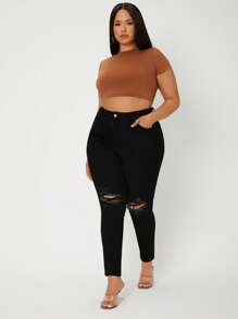 SHEIN SXY Plus High Waist Ripped Skinny Jeans - Black - View 3