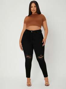 SHEIN SXY Plus High Waist Ripped Skinny Jeans - Black - View 4
