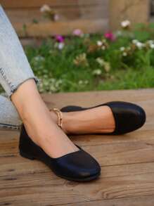 女士極簡一腳蹬芭蕾舞鞋,優雅戶外平底鞋 - 黑色 - 查看 3