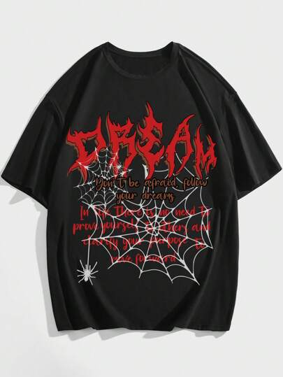 Goth Men Letter & Spider Web Print Tee