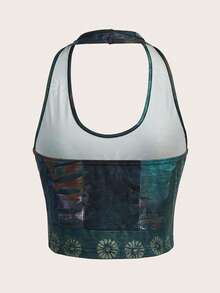 ROMWE Hippie Floral Print Halter Top - Green - View 2
