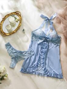PetitDoll Contrast Lace Ruffle Trim Babydoll Sexy Lingerie Dress With Thong - Baby Blue - View 5