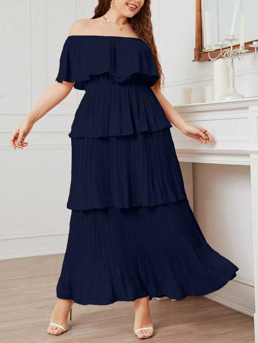 Mulvari Talla grande Vestido de hombros descubiertos ribete con fruncido bajo a capas - Azul Marino - Ver 1
